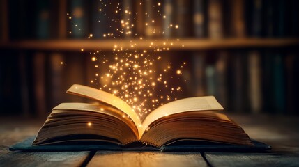 Obraz premium Magical Open Book with Glowing Particles on Wooden Table