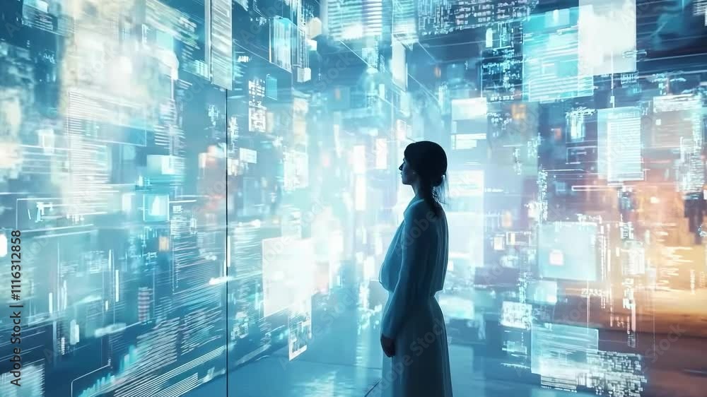 Poster woman is looking at glowing digital data on transparent screens, possibly a programmer working in a 