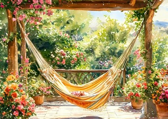 hammock in the summer in the garden among flowers
