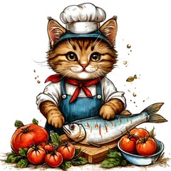 cat chef with vegetables