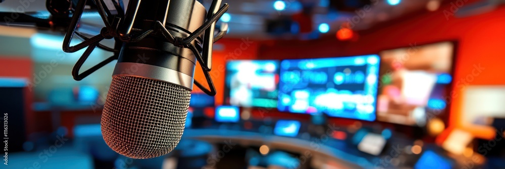 Poster close-up of a microphone in a broadcasting studio with blurred monitors in the background.