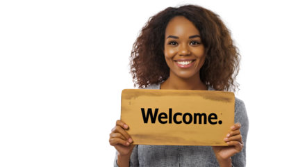 Cheerful Woman with Curly Hair Smiling and Welcoming Guests with a Friendly Gesture, Holding a Sign with a Positive Invitation for New Beginnings