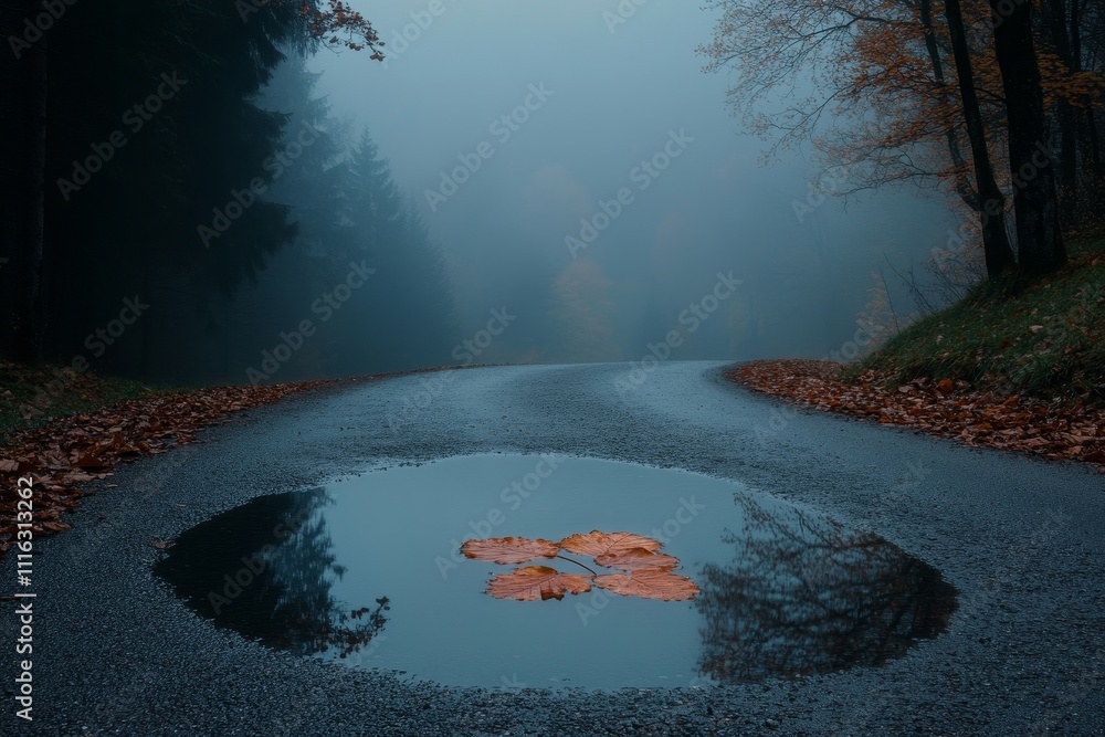 Poster serene autumn scene featuring a leaf in a puddle on a mysterious winding road surrounded by fog and 