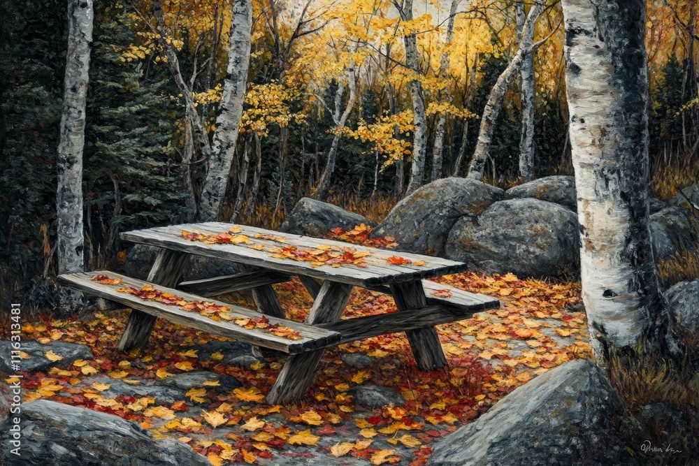 Poster serene autumn scene with a rustic picnic table surrounded by vibrant yellow leaves and tall birch tr