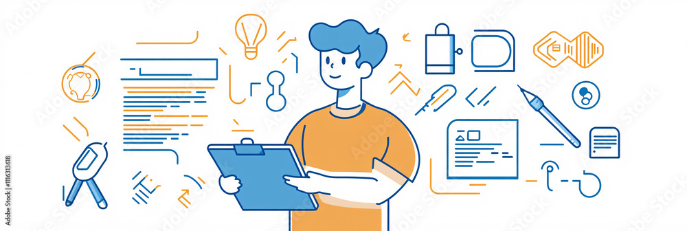 Poster a line-art character of a tech support man holding a clipboard, with minimal tech symbols like setti