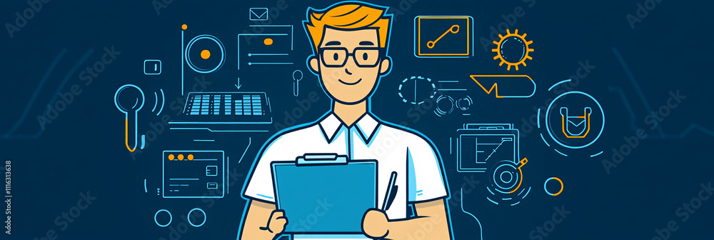 Poster a line-art character of a tech support man holding a clipboard, with minimal tech symbols like setti