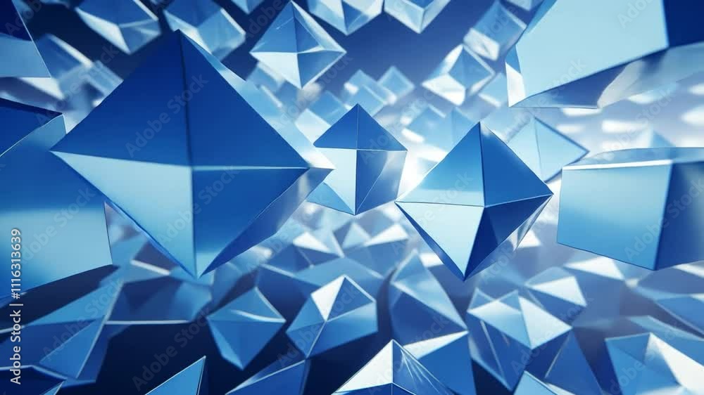 Poster Blue Abstract Geometric Shapes in a 3D Design: An abstract, dynamic, and futuristic background texture with a mesmerizing pattern of blue geometric shapes, creating a sense of movement and energy.