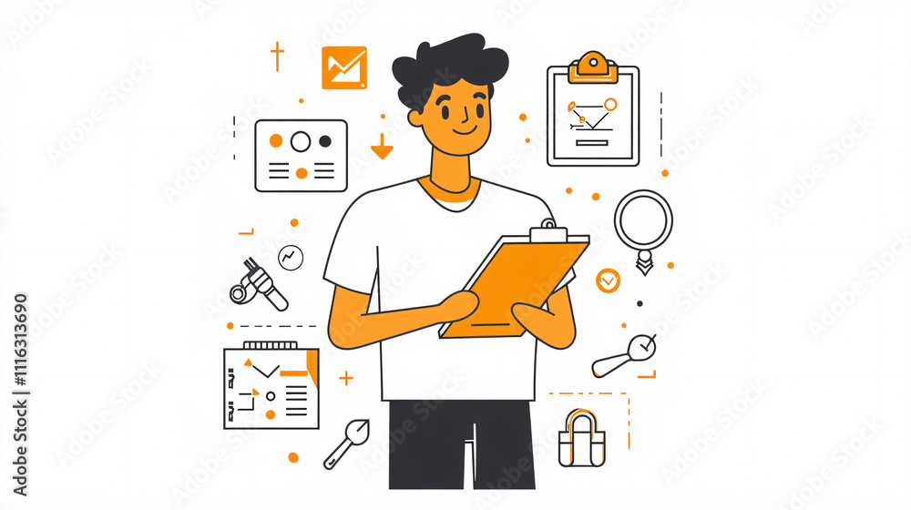 Poster a line-art character of a tech support man holding a clipboard, with minimal tech symbols like setti