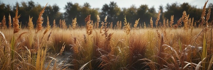 Fototapeta premium Dense thicket of reeds swaying in autumn wind, dense vegetation, serene landscape, reed thickets