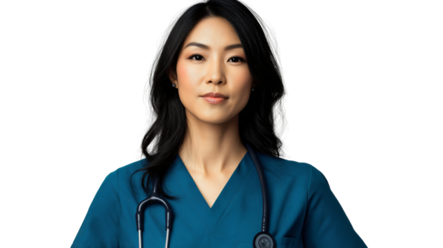 Confident Asian Female Nurse in Blue Scrubs with Stethoscope, Smiling in Professional Healthcare Setting, Providing Compassionate Care