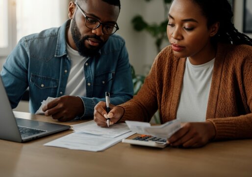 Focused couple calculating domestic bills and managing monthly expenses using a laptop and calculator