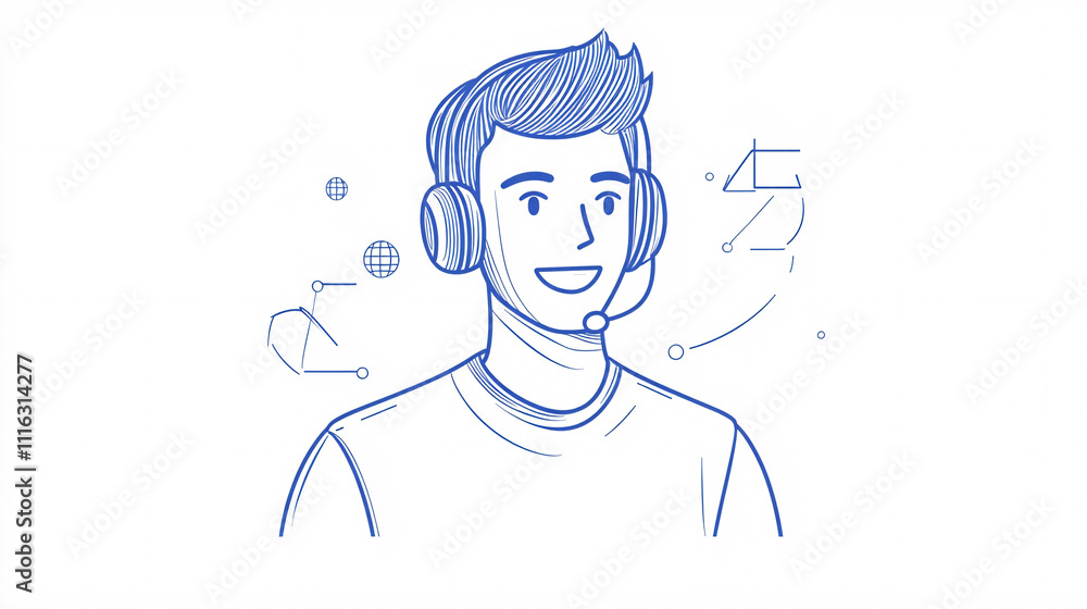 Poster a line-drawn avatar of a man with a headset, speaking into a microphone, symbolizing live tech suppo