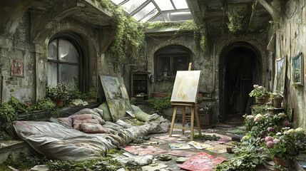 Overgrown artist's studio, plants, nature reclaiming space, paint, canvas, easel, ruin.