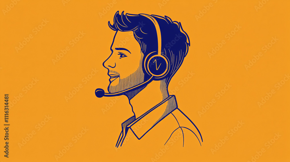 Poster a line-drawn avatar of a man with a headset, speaking into a microphone, symbolizing live tech suppo