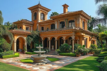 Obraz premium opulent luxury home, combining classic architecture with modern amenities, surrounded by lush landscaping under a clear blue sky, evoking a sense of grandeur and comfort