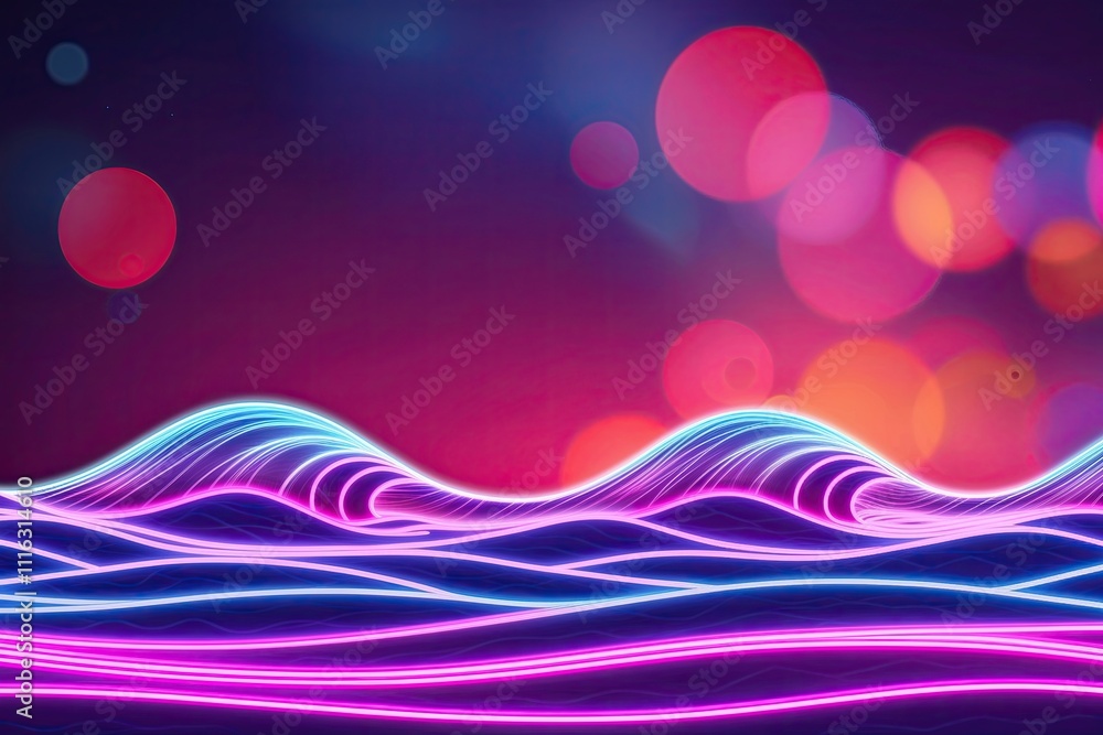 Poster dynamic 3d neon wave background with bokeh flare effects