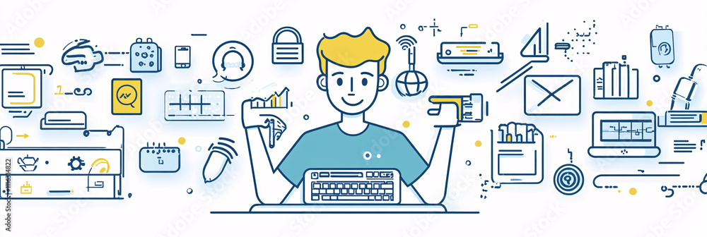 Poster a line-drawn avatar of a tech support guy holding a glowing keyboard, surrounded by minimal tech sym