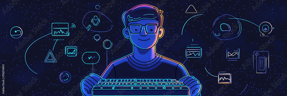 Poster a line-drawn avatar of a tech support guy holding a glowing keyboard, surrounded by minimal tech sym