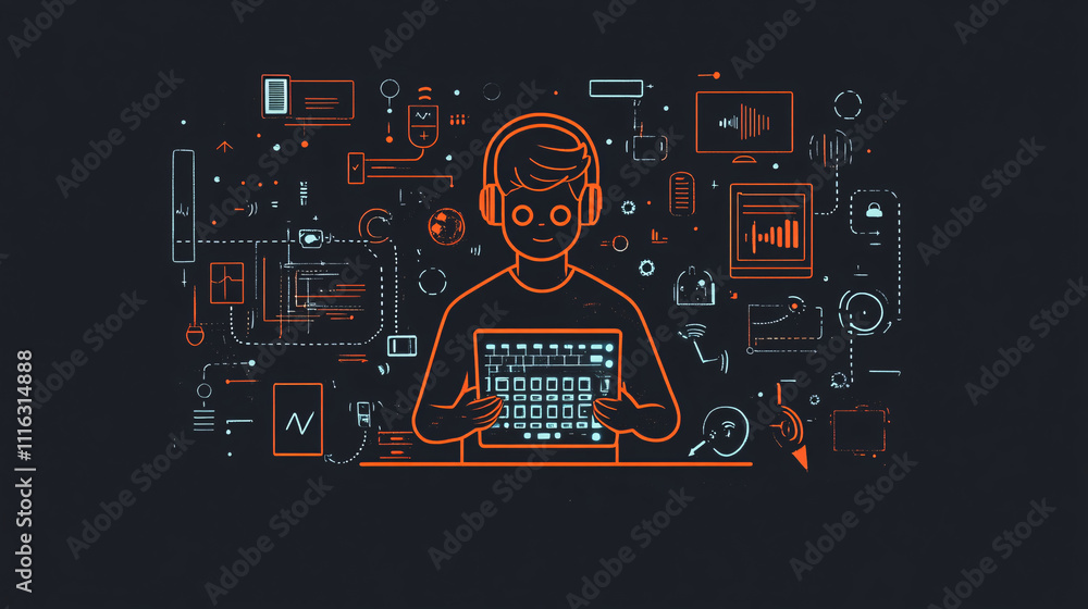 Poster a line-drawn avatar of a tech support guy holding a glowing keyboard, surrounded by minimal tech sym