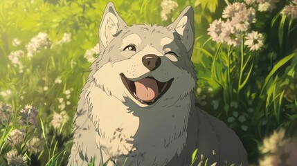 Smiling Wolf in a Field of Flowers