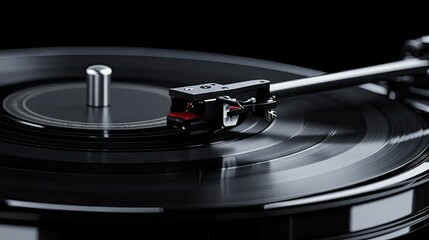 A close-up of a retro tonearm and needle on a vinyl record in motion