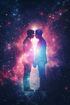 Ethereal Silhouette of a Gay Couple in Love; Two Men Holding Hands and Almost Kissing over a Magic Galaxy Night Sky; Eternal LGBTQ Romance for 2026