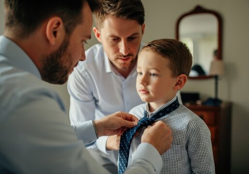 Two businessmen tying a necktie on a young boy, possibly getting him ready for a formal event or teaching him how to dress professionally