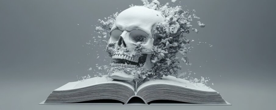 Skull eruption from open book conceptual art studio setting
