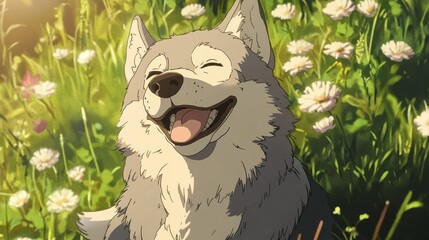 Happy Wolf in a Field of Flowers