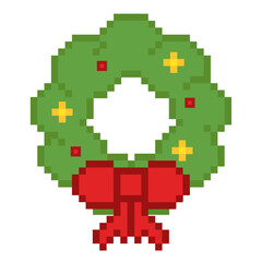 Pixel art Christmas wreath with red bow Vector