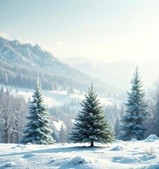 Fototapeta premium Winter landscape with a small Christmas tree in the foreground, frozen ground, Small Christmas tree, winter scenery