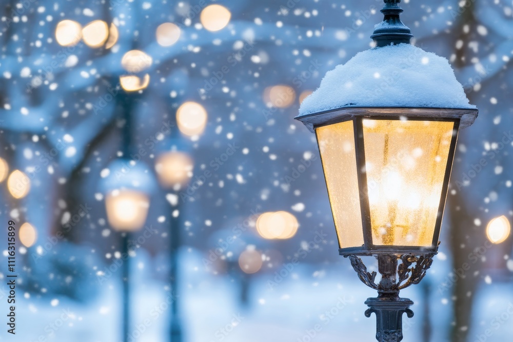 Poster serene winter scene featuring snow-covered lanterns illuminating a snowy landscape with soft bokeh b