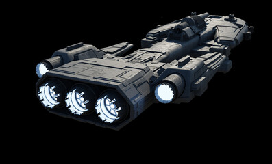 Space Ship with Top Mounted Cannon and Side Lasers with White Glowing Engines - Rear View, 3d digitally rendered science fiction illustration