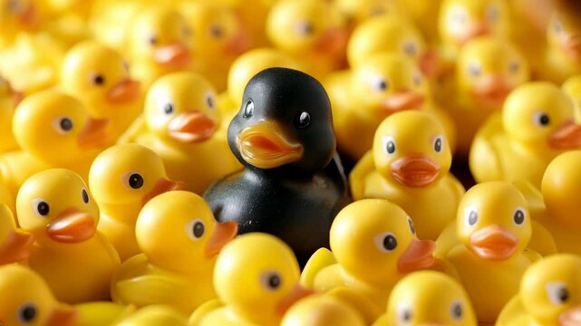 Black bath duck among yellow, different unique special leader identity, crowd leadership