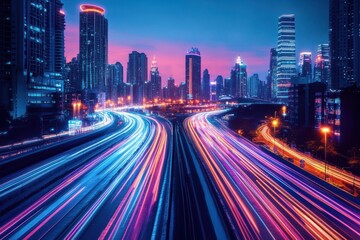 Fototapeta premium Neon Cityscape, A futuristic metropolis, illuminated background with vibrant neon streaks, evokes a sense of innovation, progress, and connectivity