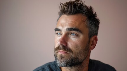 Obraz premium A portrait of a man with a well-groomed beard and modern hairstyle, exuding confidence in a minimalist studio setting 