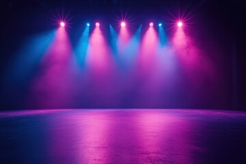 Neon dark stage shows empty room: neon light, spotlights, dark blue, purple, pink background - dance floor for product display in studio