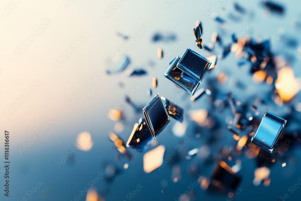 Poster Shimmering Chunks of Metallic Fragments Captured in Motion Against a Soft Gradient Background, Creating a Dynamic and Eye-Catching Visual Effect