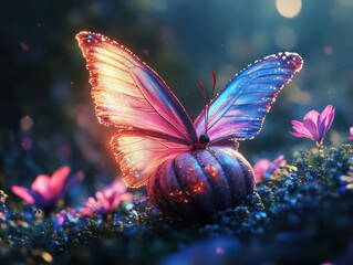 Design a holographic butterfly breaking free from a cocoon in a mystical garden