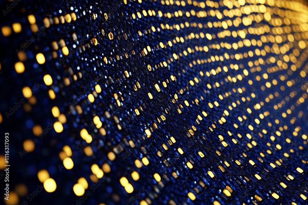 Poster shimmering golden and blue metallic sequins creating a lively abstract background for festive or gla