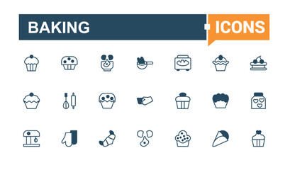 Baking line icon collections. Containing ingredient, bakery, mix, instruction, mixer, recipe, cake, kitchen. Outline symbol collection. Vector outline and solid icons collection.