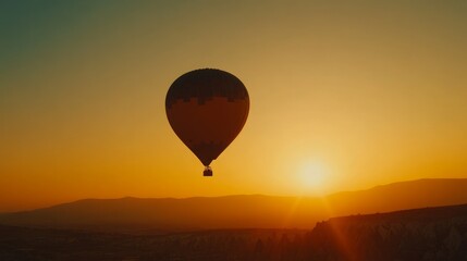 Naklejka premium Silhouette of hot air balloon soaring over scenic landscape during sunrise.