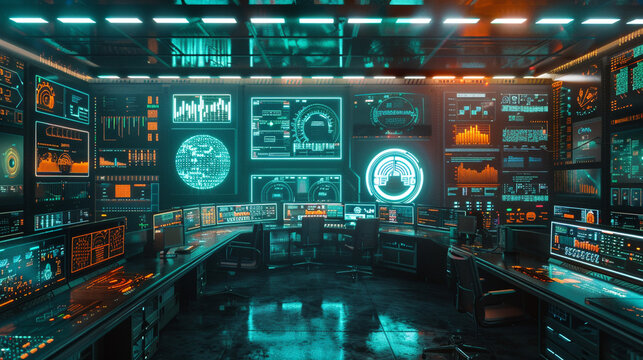 A futuristic smart city control center where AI systems manage traffic, public services, and energy consumption.