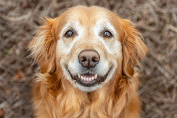 Obraz premium Happy senior Golden Retriever looking up at camera.