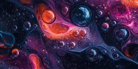 Abstract red and dark blue paint with bubbles, bubbles in the liquid paint