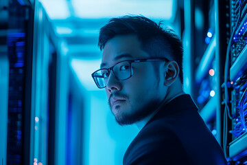 IT professional working in a server room with blue lighting