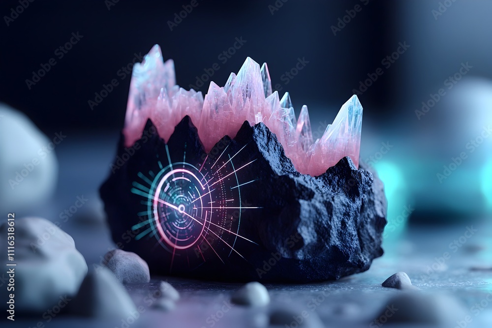 Poster captivating abstract image showcasing a glowing crystal like geometric formation against a dark mood