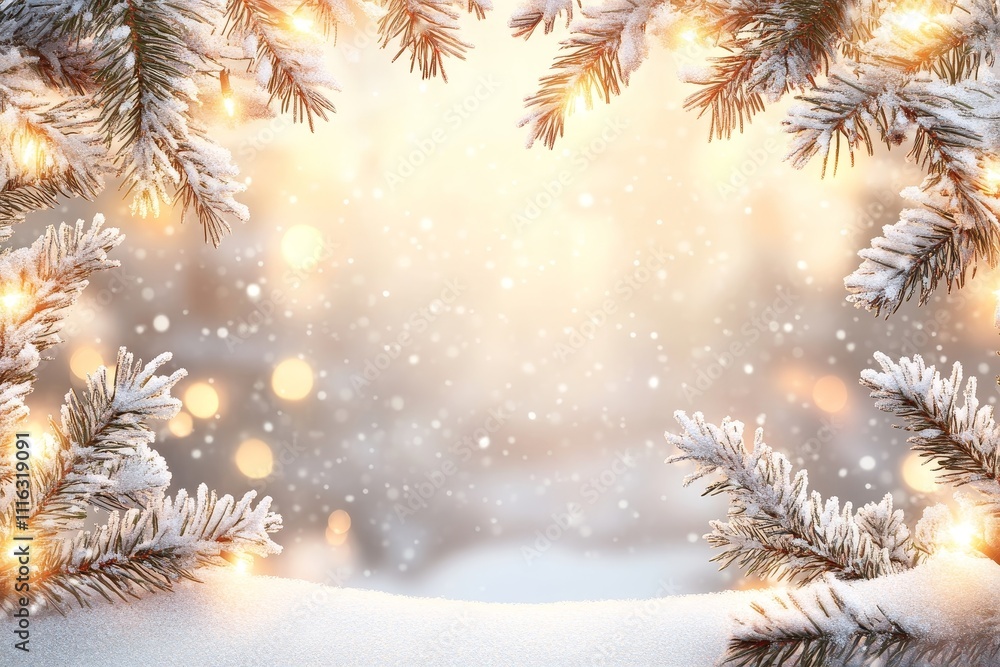 Poster snowy winter scene framed by pine branches with soft bokeh lights and gentle snowfall in a serene ho