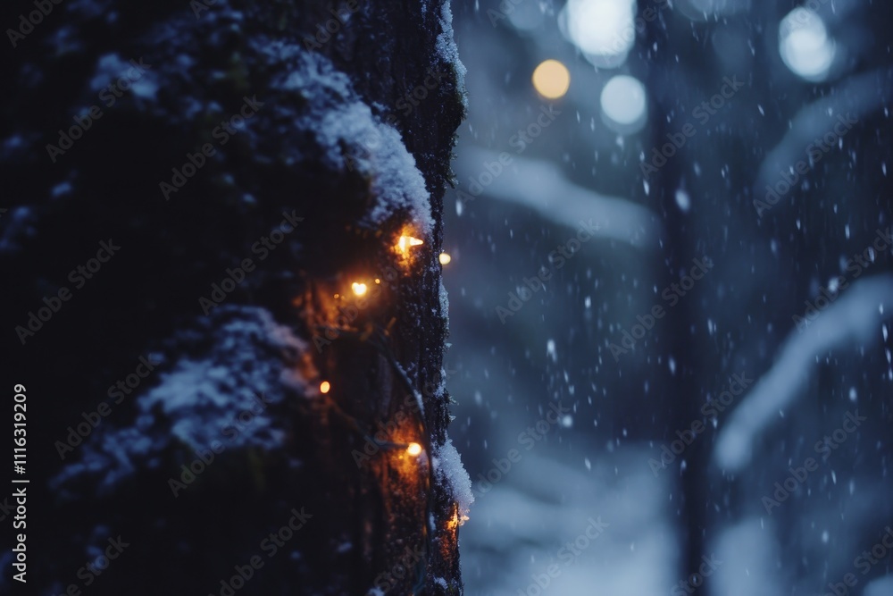 Poster snowy winter scene with soft glowing lights on a tree trunk during a gentle snowfall in a serene for