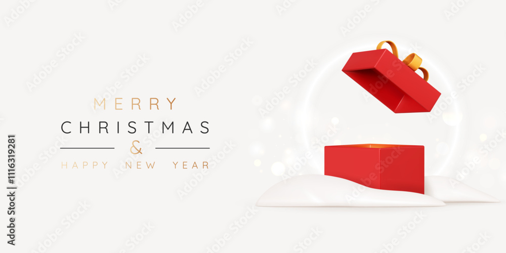 Poster merry christmas and happy new year background with empty open red gift box in snow. xmas realistic d